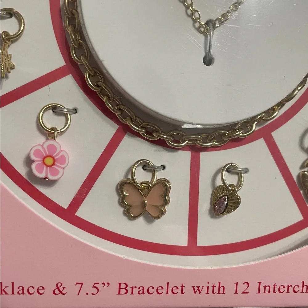 12 Days of Gifting Gold Tone Necklace and Charm Bracelet Gift Set - Pink Box